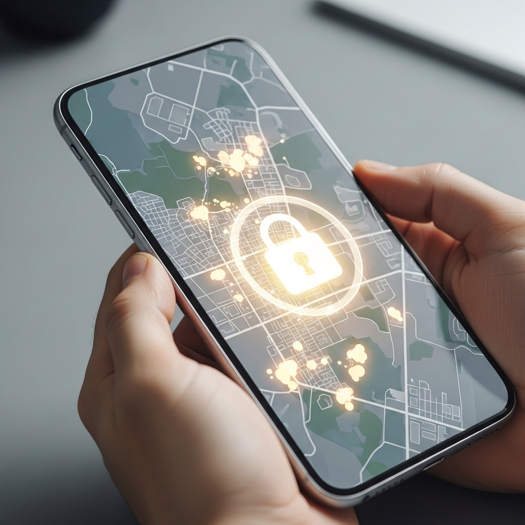 Privacy protection illustration showing secure data handling and location obfuscation