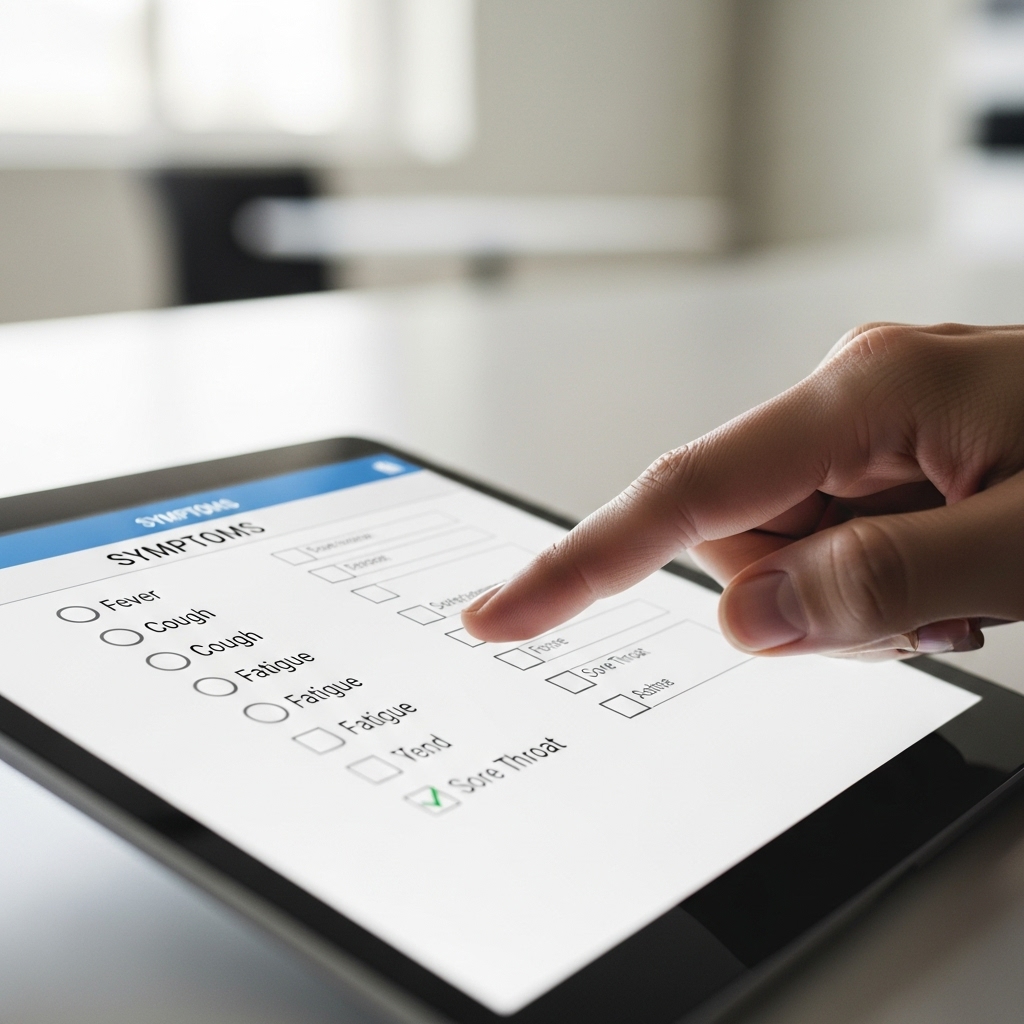 Step-by-step visual guide showing the symptom reporting process on SneezeMap, including location permission, symptom selection, and submission confirmation screens